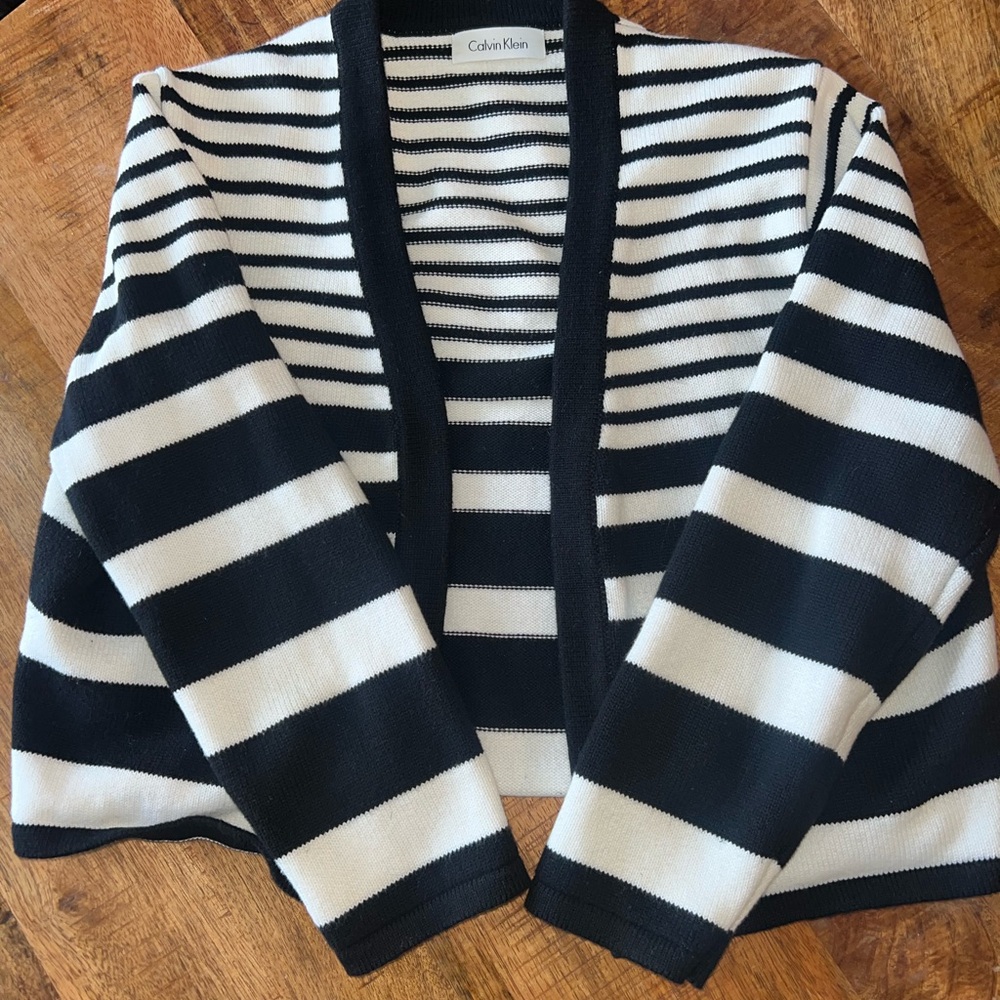 Calvin Klein Black and White Striped Open Front Cardigan
